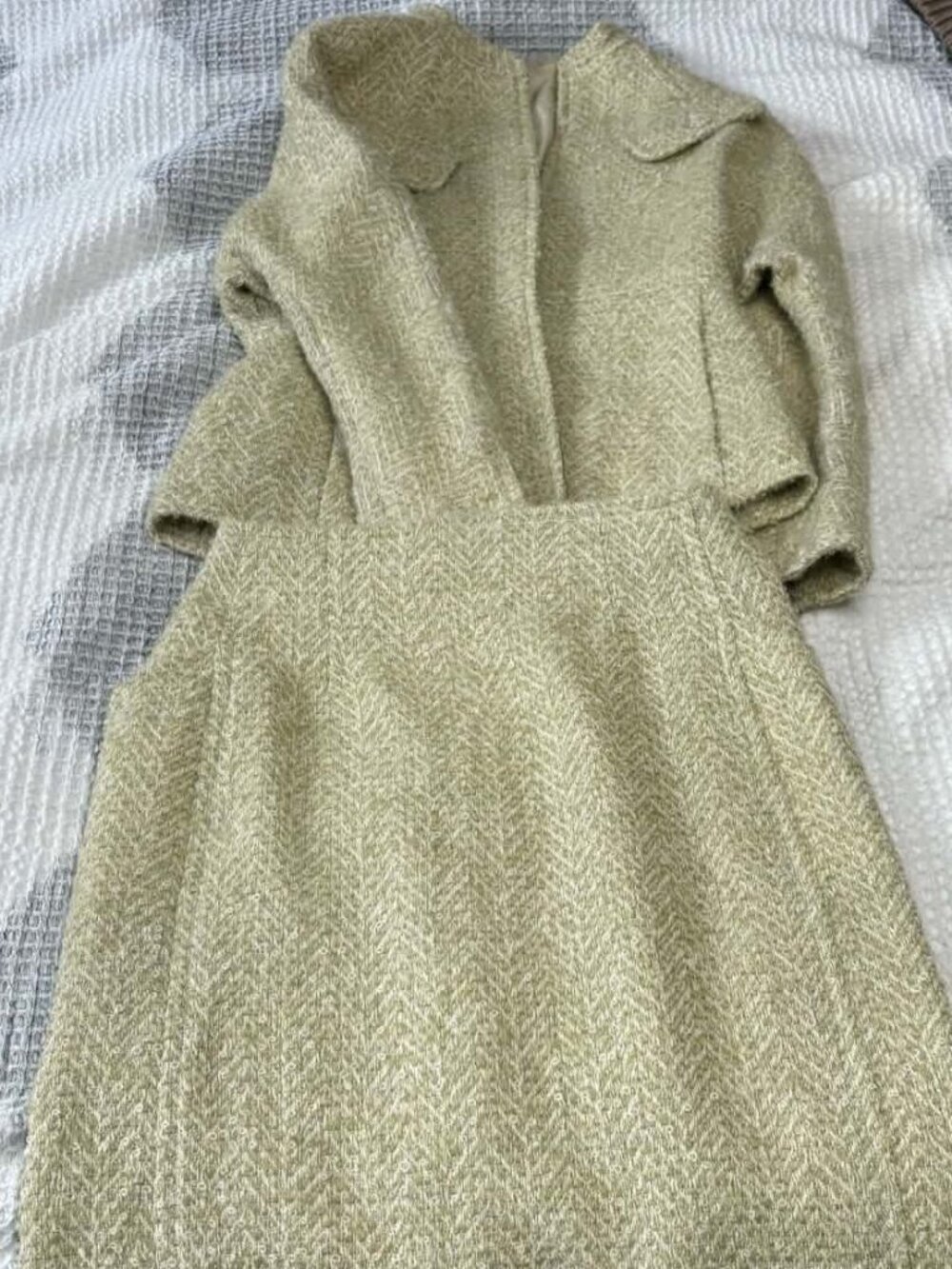 Clothing Set ; Green Yellow Tweed Blazer and Skirt By Courrèges Paris Size 40/42